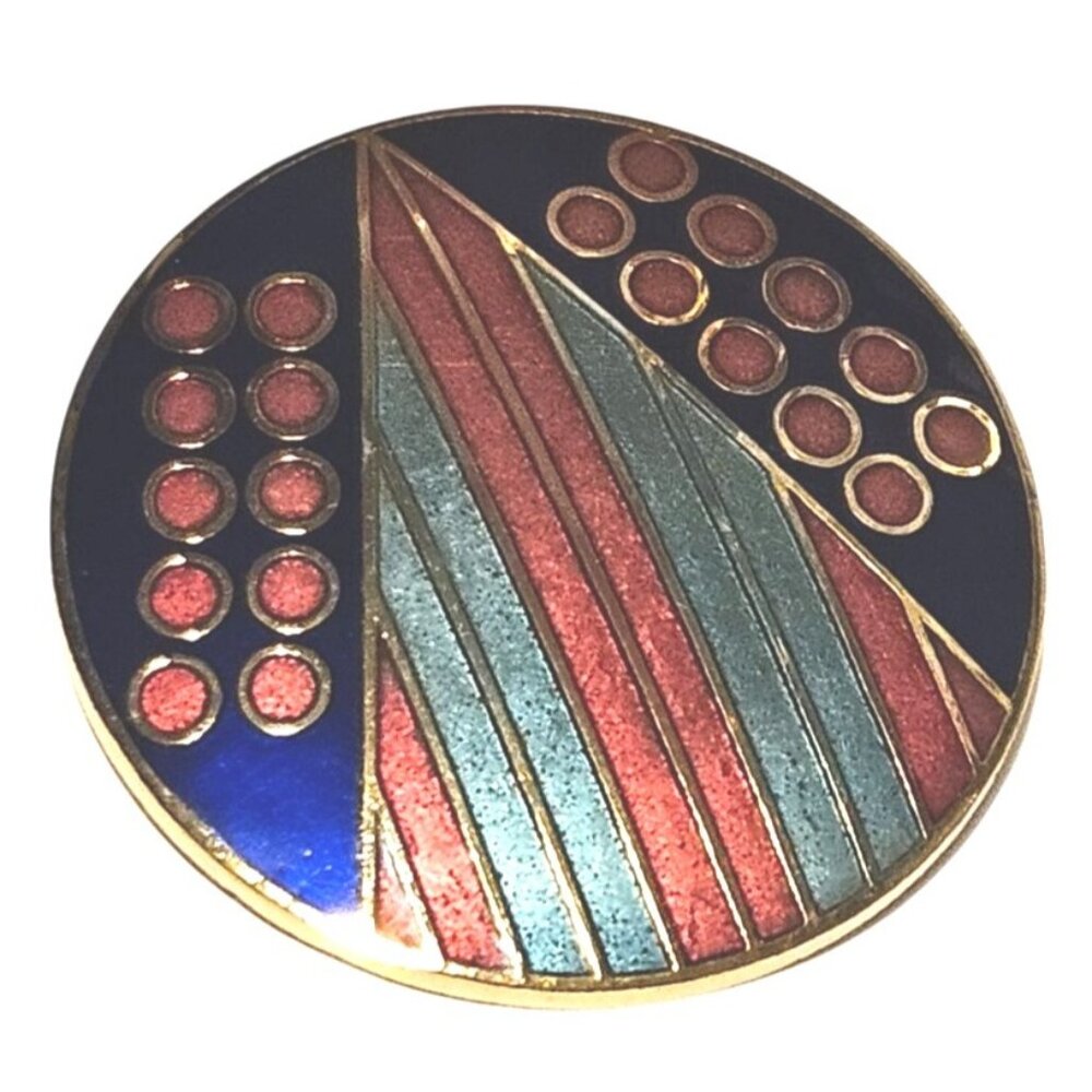 Vintage Brooch Modernist‎ Cloisonne' Enamel Pin Red Blue Geometric Abstract Gold